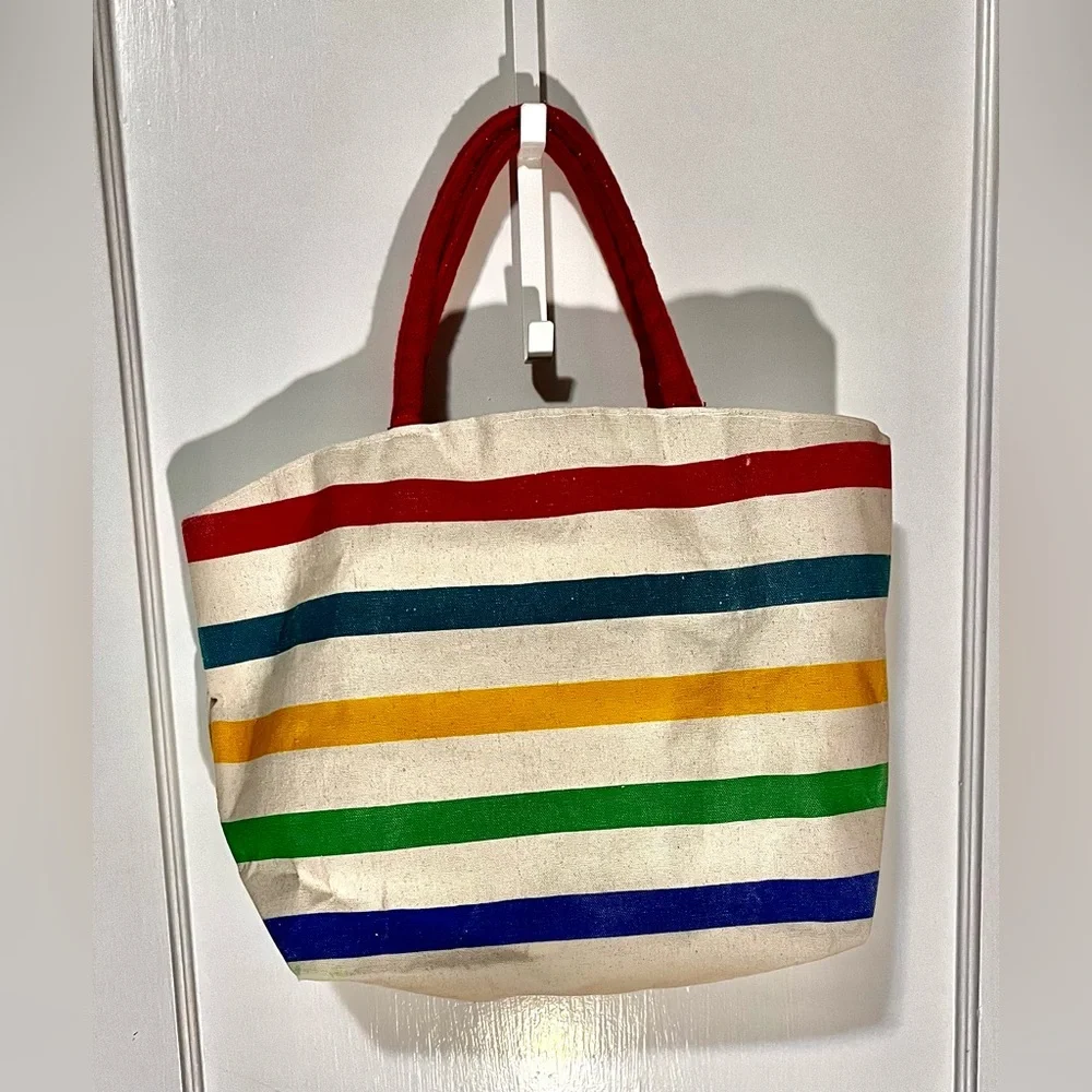 Striped Canvas Book Bag with Red Handles